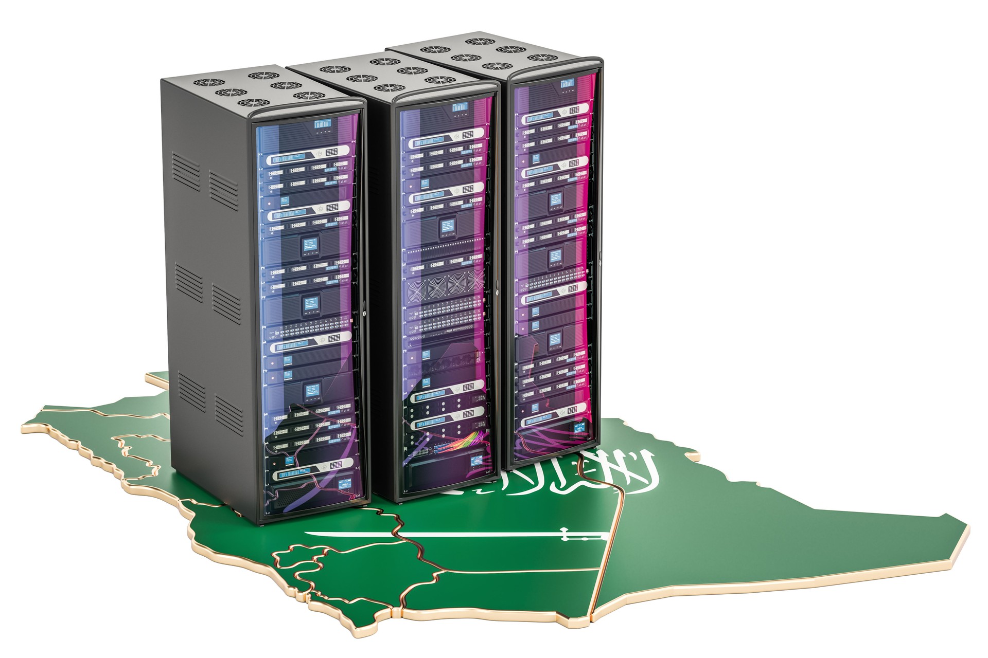 Data Center server racks in Saudi Arabia concept,  3D rendering